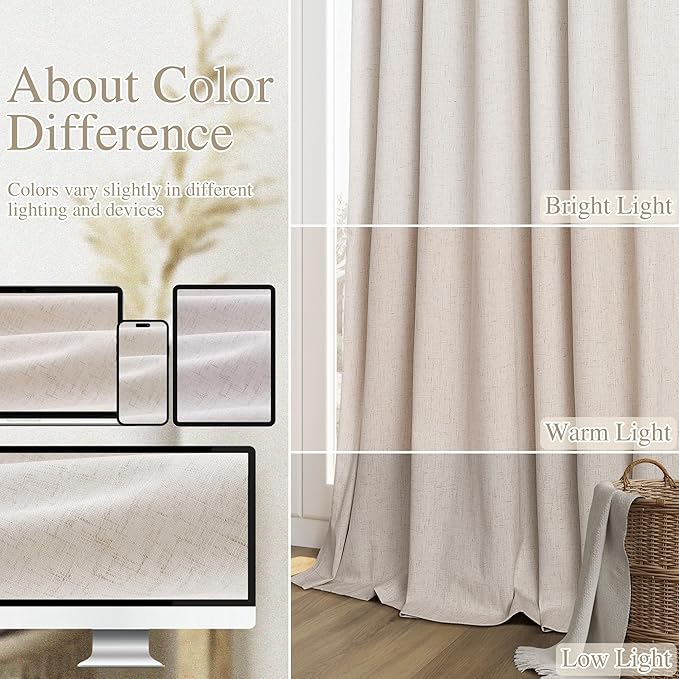 Guken Cream 100% Blackout Linen Curtains 42 Inch Wide by 72 Inch for Living Room Bedroom Back Tab/Rod Pocket Thermal Insulated Black Out Drapes Room Darkening Farmhouse Window Curtains