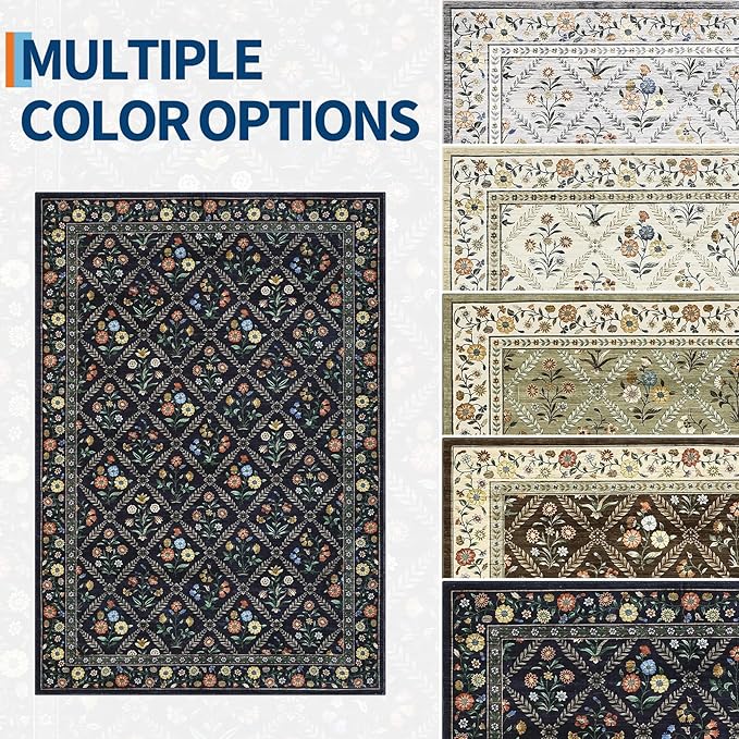 GarveeHome Grey Floral Rug 4x6 Rug Machine Washable Area Rug for Living Room Farmhouse Floral Low Pile for Dining Room, Bedroom Indoor Foldable Non-Slip Navy&Black RV