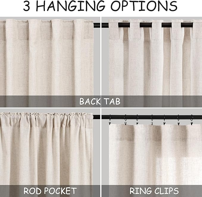 Beige Linen Curtain 96 inches Long for Living Room Back Tab Neutral Vintage Country Rustic Farmhouse Curtain Burlap Textured Canvas Cloth Look Linen Drapes 96 inch Length for Dinning Room Bedroom 8 FT