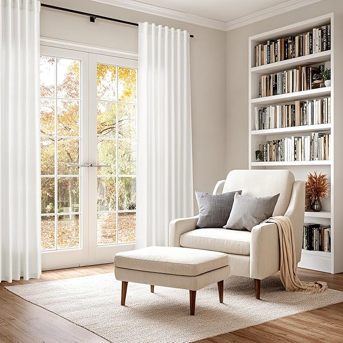 Nanspring Beige White Linen Curtains 84 Inch Length for Living Room Linen Blend Back Tab and Rod Pocket Semi Sheer Light Filtering Rustic Coastal Decor Curtains for Bedroom 60 x 84 Inch, 2 Panels