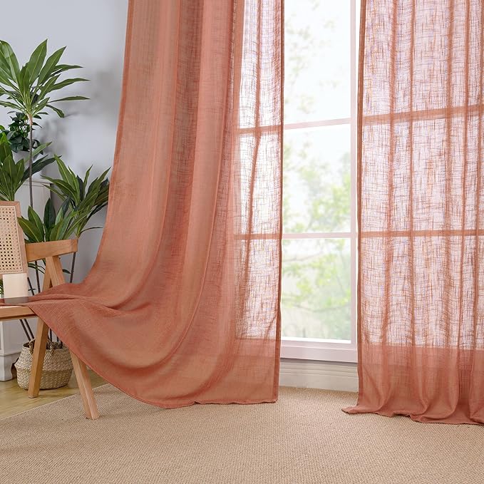 LAMIT Terracotta Linen Semi Sheer Curtains 45 Inch for Bedroom, Light Filtering Neutral Window Curtains Farmhouse Boho Back Tab and Rod Pocket Fall Decor Panels, 2 Panels, 52 x 45 Inch