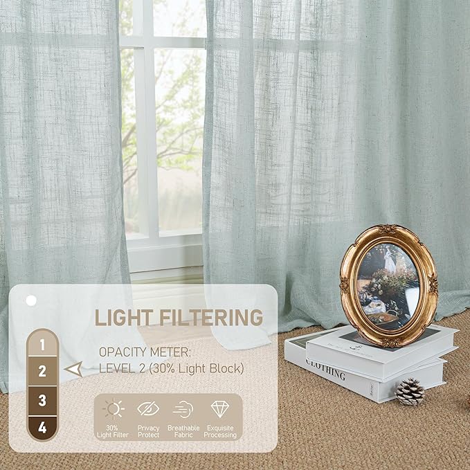 LAMIT Living Room Linen Curtains 95 Inch for Bedroom, Back Tab and Rod Pocket Linen Textured Sheer Panels Light Filtering Burlap Drapes for Farmhouse, 2 Panels, 52 x 95 Inch, Greyish Blue