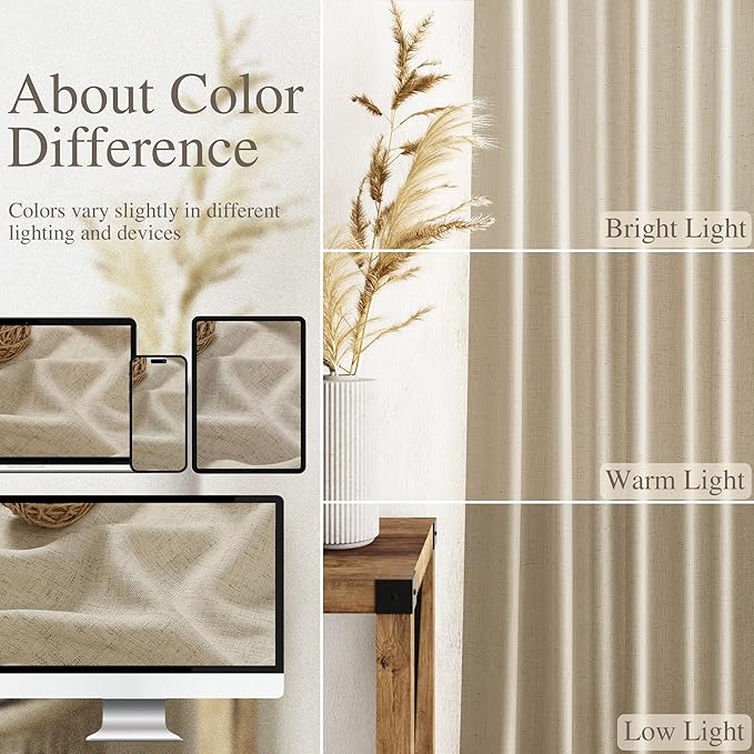 Nanspring Eggshell Beige Curtains 63 Inch Length for Living Room Linen Blend Luxury Light Filtering Semi Sheer Curtain Back Tab Rustic Decor Neutral Elegant Drapes for Bedroom Office 52x63, 2 Panels