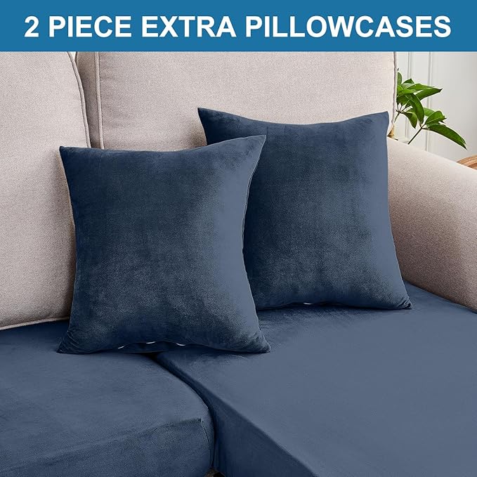 Couch Cover 3-Piece Elastic Velvet Couch Cushion Covers & Chaise Slipcovers for L-Shaped Sofas, Sofa Seat Covers Washable, Soft Cover for Couches (2 Seater + Chaise, Berlin Blue)
