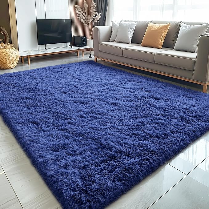 OLANLY 7x12 Machine Washable Large Area Rugs for Living Room, Bedroom, Soft Fluffy Shaggy Bedside Rug, Indoor Floor Carpet for Kids Girls and Boys, Dorms, Nursery, Home Decor Aesthetic, Navy Blue