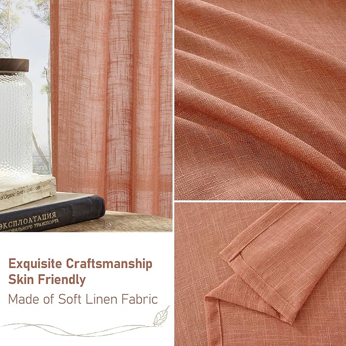 LAMIT Linen Curtains for Living Room 120 Inches Long, Back Tab and Rod Pocket Semi Sheer Panels Light Filtering Farmhouse Drapes for Bedroom/Dining Room, Terracotta, Set of 2, 52 x 120 Inch