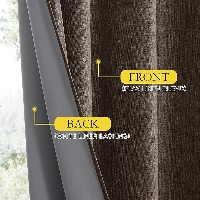 NICETOWN Coffee Vintage Linen 100% Blackout Curtains for Living Room, Thermal Insulated Curtains 72" Long, Noise Reducing Window Treatment Drapes for Hall Room, 52" Wide Per Panel, Set of 2