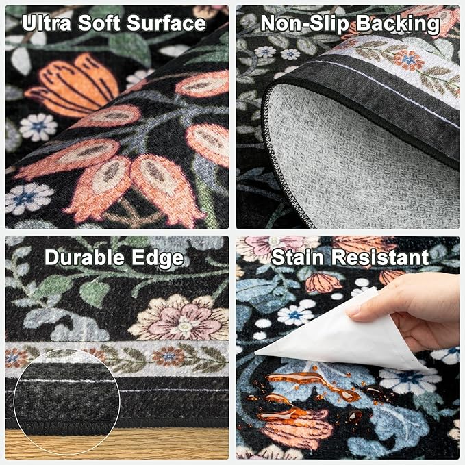 Area Rug Living Room Rugs: Floral 5x7 Washable Rug Vintage Soft Boho Non-Slip Carpet Indoor Stain Resistant Large Carpets for Bedroom Dining Room Farmhouse Nursery Hallway Home Office Dark Black