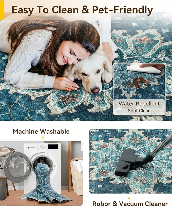 RELEANY Area Rugs 3'x12' Runner Rug Non Slip Washable for Kitchen Hallway Bedroom Beside Laundry Room Bathroom Rug, Floor Carpet, Teal Green Lake Blue Turquoise