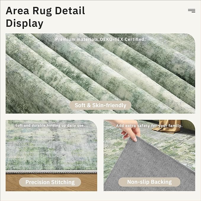 Abstract Rug 8x10 Large Living Room Rugs Neutral Modern Washable Area Rugs for Bedroom Dining Room Non-Slip Stain Resistant Foldable Thin Rug Green
