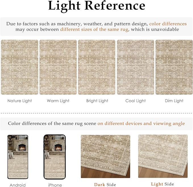 6x9 Washable Area Rug for Living Room Bedroom Vintage Beige Carpet Soft Low Pile Traditional Retro Non Slip Throw Rug for Dining Room Entryway Indoor Dorm Kitchen