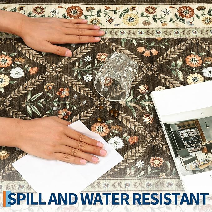 6x9 Machine Washable Area Rugs for Living Room Floral Stain Resistant Soft Carpet Vintage Low Pile Non Slip Non-Shedding Floor Carpet Rugs for Bedroom Nursery Brown