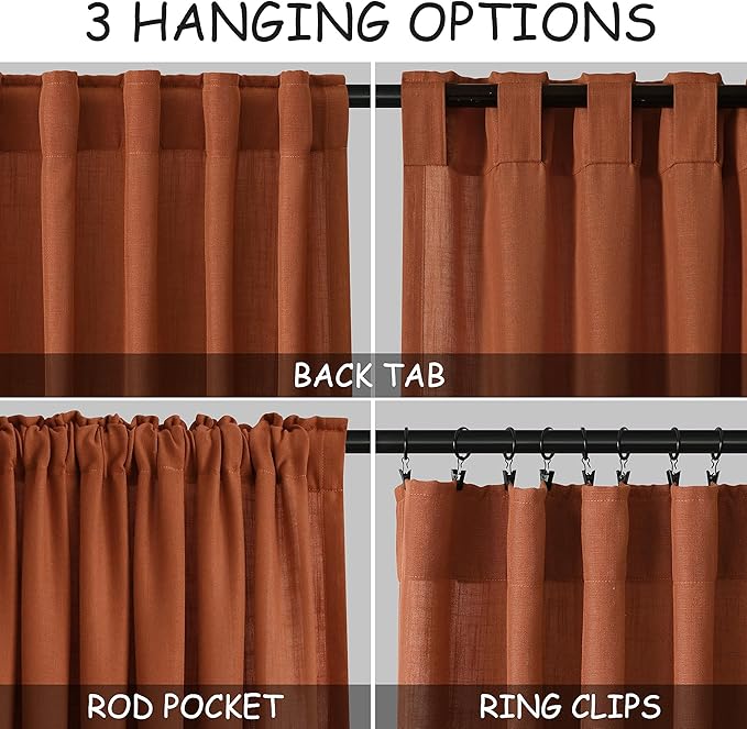 Terracotta Linen Textured 96 Inch Curtains 2 Panel Set Back Tab Rod Pocket Sheer Boho Room Decor Aesthetic Curtains Brick Burnt Orange Burlap Look Curtain Drapes for Living Room Bedroom 8Ft 40x96