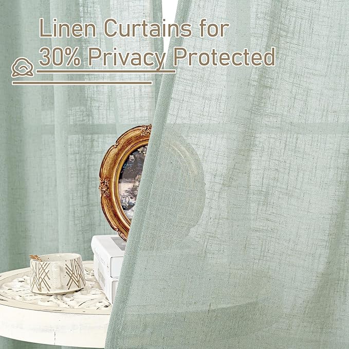 LAMIT 48 Inch Short Window Linen Curtains, Light Filtering Panels Back Tab and Rod Pocket Neutral Drapes for Cafe/Bathroom/Loft Room, Light Sage, 2 Panels, 34 x 48 Inch