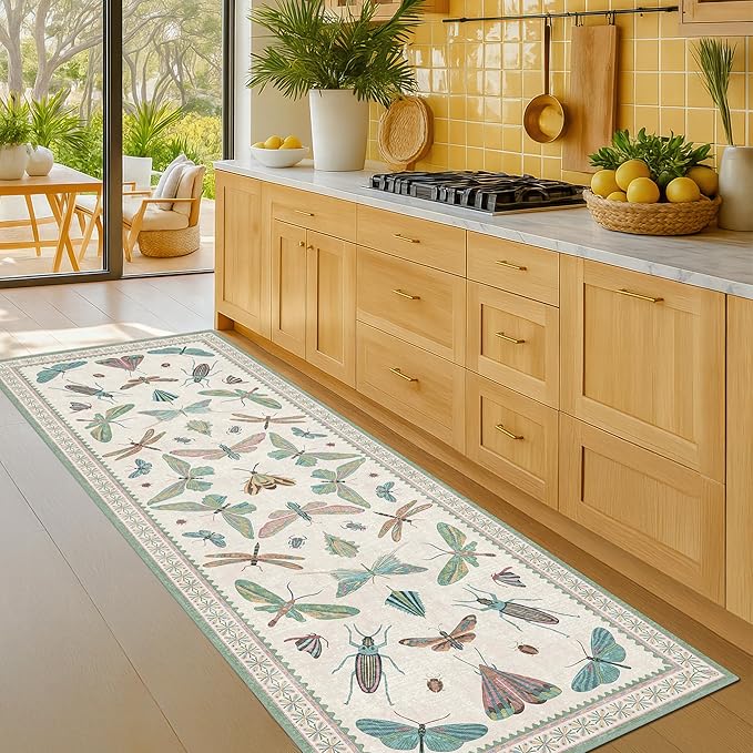 Hazo Haus Washable Non Slip Bathroom Runner Rug 2x5, Insect Boho Bath Mat, Stain Resistant Low Pile Butterfly Insect Print Rugs for Laundry Room, Powder Room, Beige Green