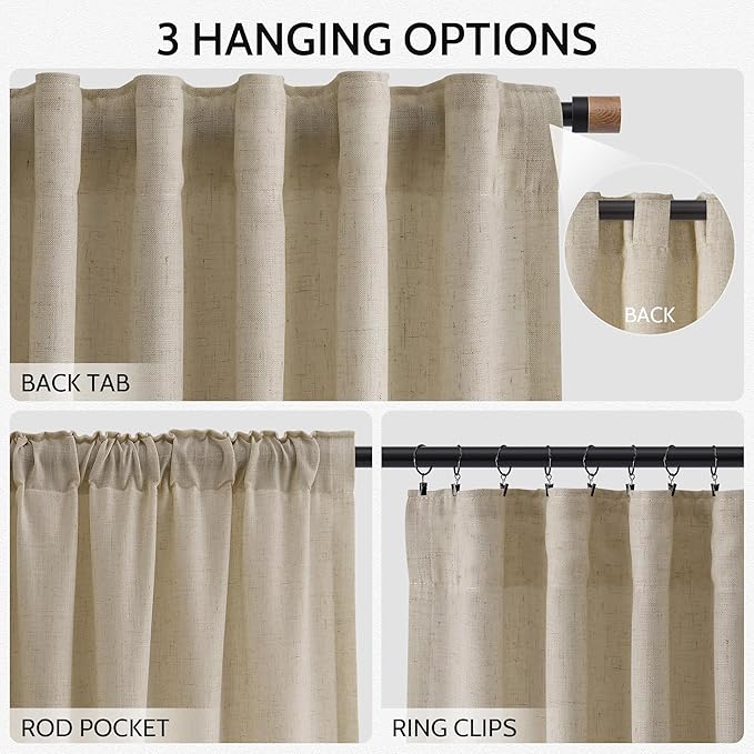 Eggshell Beige Linen Curtains for Living Room 100 Inches Long Light Filtering Semi Sheer Curtain Back Tab Rustic Farmhouse Decor Burlap Luxury Boho Drapes for Bedroom Dinner Room 52x100, 2 Panels