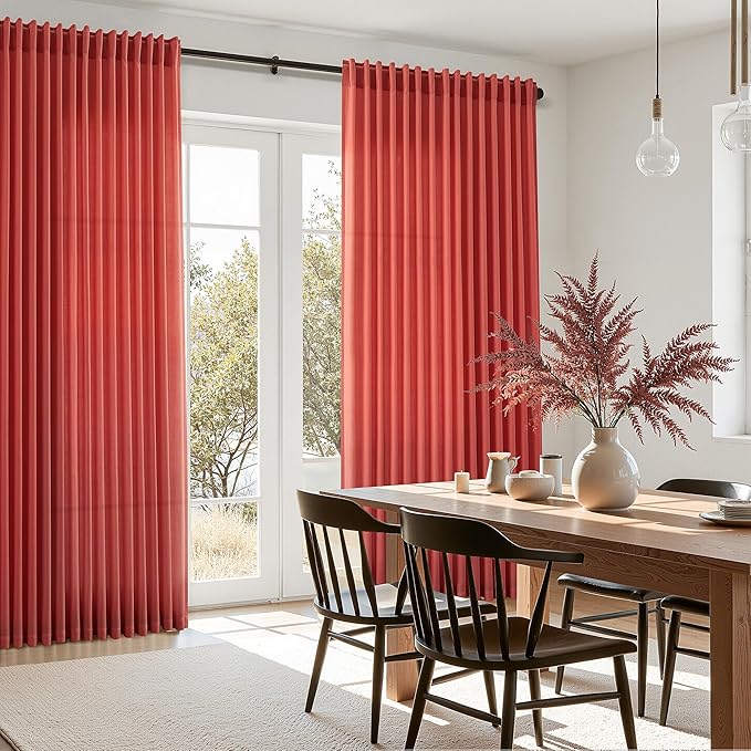 Christmas Red Linen Curtains 108 Inches Long for Living Room Light Filtering Semi Sheer Curtain Back Tab Vintage Neutral Rustic Home Decor Floor to Ceiling High Window for Bedroom 52x108,2 Panels