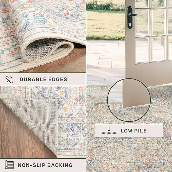 Hazo Haus Vintage Washable Beige Blue Area Rugs for Bedroom Under Bed, Living Room, Nursery, Kitchen, Entryway, Low Pile Non Slip Stain Resistance Distressed Retro Indoor (Beige Blue, 4 x 6)