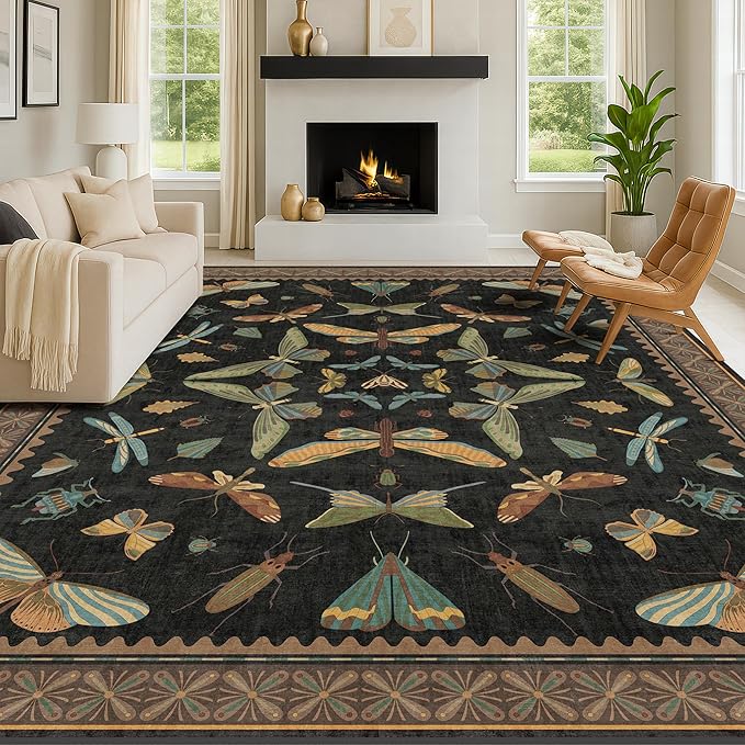 Hazo Haus Black Washable Insect Area Rugs 8x10 for Living Room, Bedroom, Dining Room Under Table, Playroom, Large Dark Whimsical Boho Indoor Rug, Ultra Soft Low Pile Non Slip