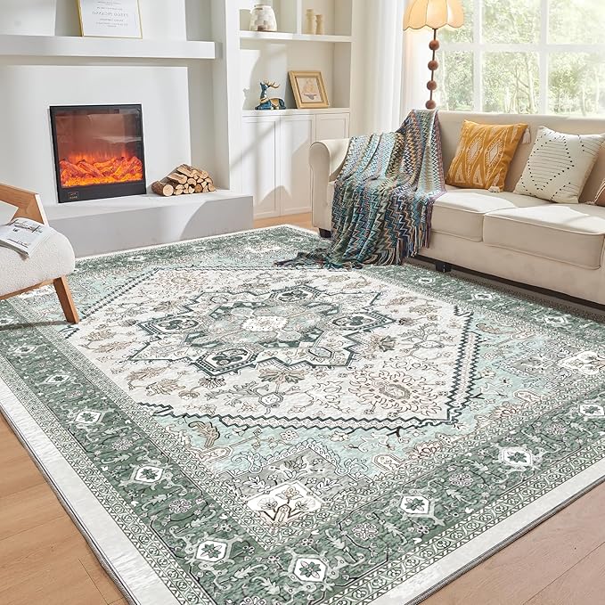 OPPODREAM Soft Area Rugs 4x6, Low-Pile Washable Rugs 4x6 with Non Slip Backing, Faux Cashmere 4 x 6 Throw Carpet, Green