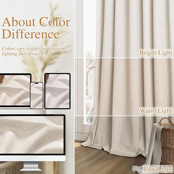 Guken 100% Blackout Linen Curtains 42 Inch Wide by 84 Inch for Living Room Bedroom Back Tab Thermal Insulated Black Out Drapes Room Darkening Window Curtains