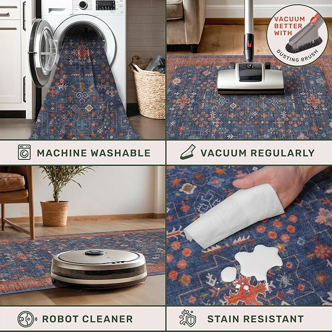 Washable 4x6 Small Rug for Living Room, Area Rug for Kitchen, Bedside, Large Entryway Indoor - Stain Resistant Non Skid Non Slip with Rubber Backing, Boho Aethestic Décor (4x6 Navy Blue)