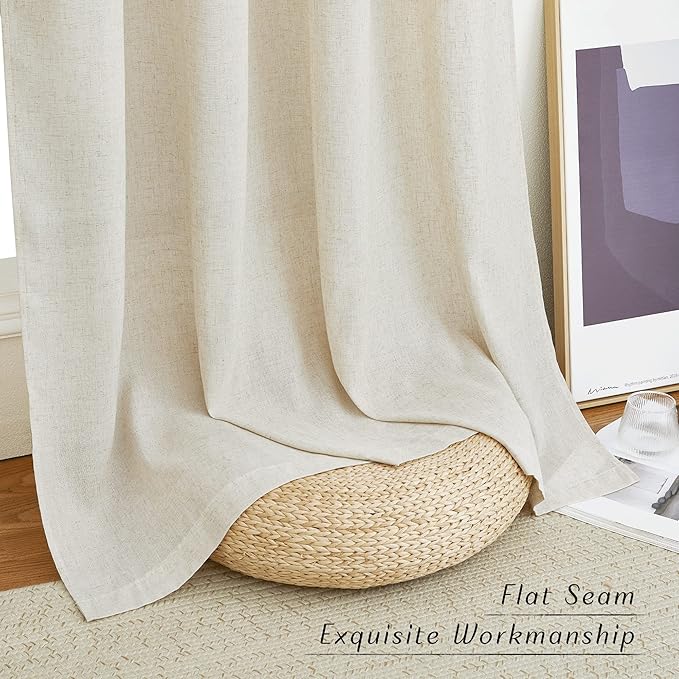 NICETOWN Thick Linen Blend Curtains Flax Textured for Bedroom, Rustic Grommet Semi Sheer Privacy Added Window Curtains & Drapes Light Filtering for Nursery, Natural, W42 x L63, Set of 2
