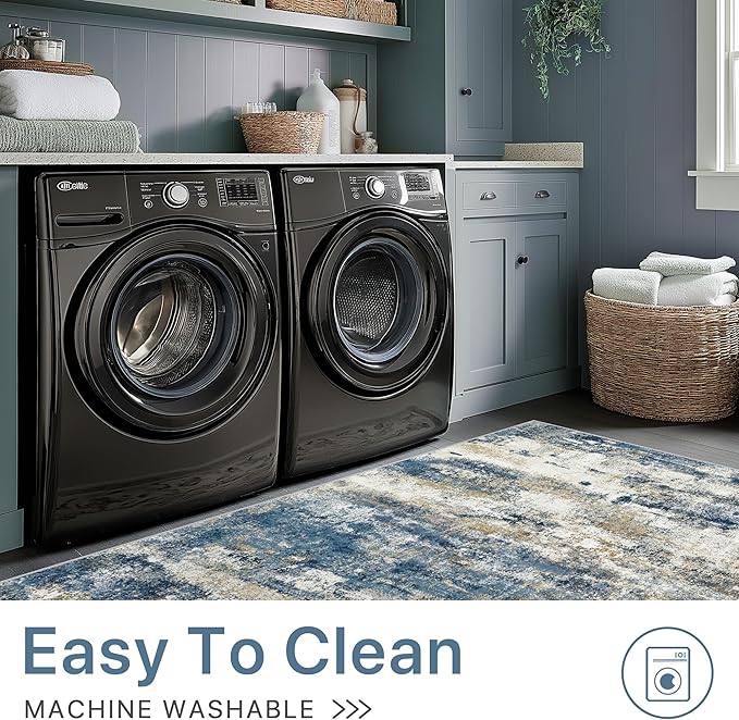 2x3 Rugs for Entryway Entrance Kitchen Bathroom, Machine Washable Modern Abstract Soft Area Rug, Low Pile Indoor Floor Carpet with Non Slip Backing, Navy Beige