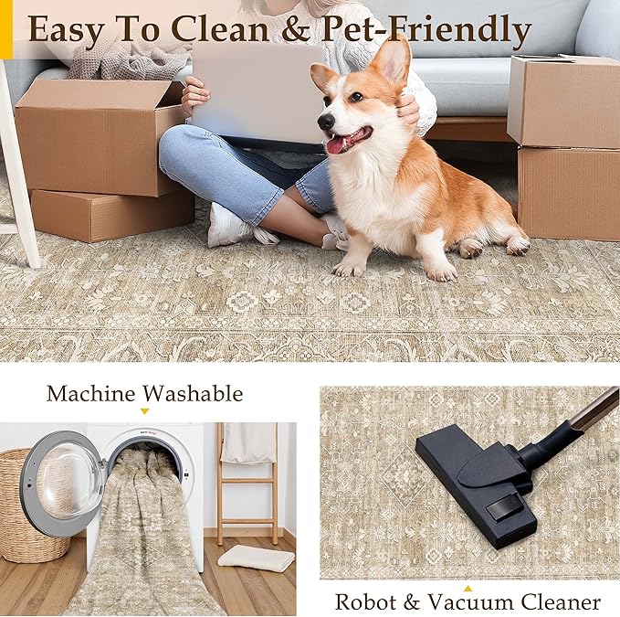 3x5 Washable Area Rug for Entryway Vintage Beige Non Slip Low Pile Carpet Traditional Retro Soft Throw Rug for Entrance Bathroom Door Mat Indoor Dorm Dining Room