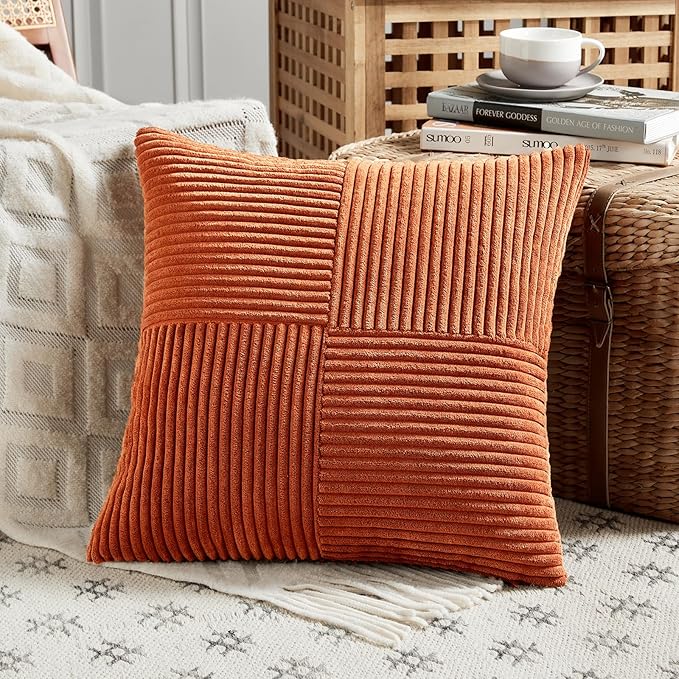 Fancy Homi Set of 2 Burnt Orange Decorative Throw Pillow Covers 16x16 Inch for Living Room Couch Bed, Boho Farmhouse Fall Home Decor, Soft Corss Corduroy Patchwork Textured Cushion Case 40x40 cm