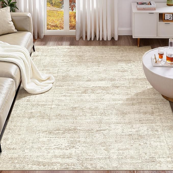 UERMEI 8x10 Area Rug Living Room Rugs - Washable Neutral Modern Abstract Soft Thin Rug Indoor Floor No Slip Rug Carpet for Bedroom Under Dining Table Home Office Decor - Beige/Brown