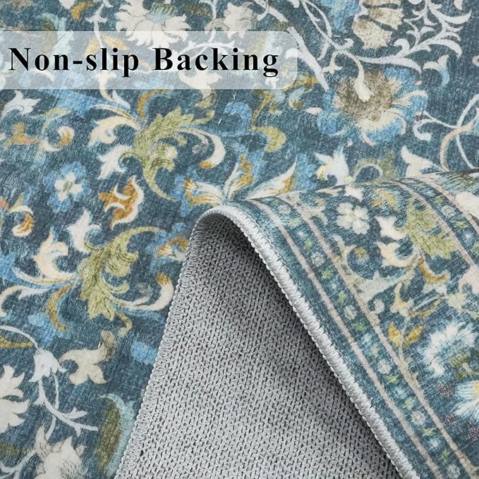 4x8 Washable Kitchen Area Rug: Farmhouse Stain-Resistant Elegant Floral Rug for Living Room Bedroom Wide Soft Carpet for Entryway Bathroom Thin Hallway Floor Mat with Non Slip Backing(4x8,Floral/Blue)