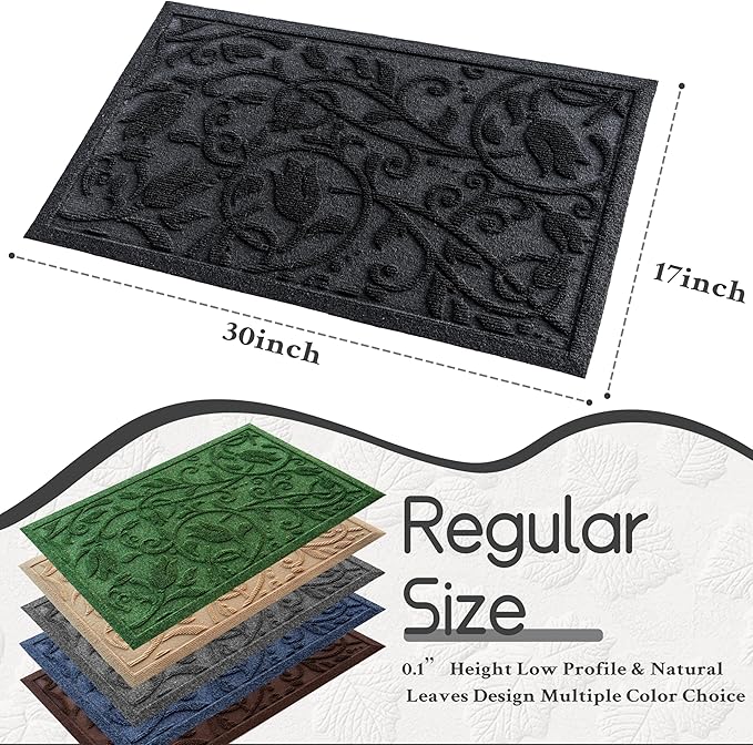 Boho Black Floral Leaves Outdoor Indoor Entrance Doormats, Absorbent Durable Heavy Duty Welcome Front Door Mat,Thick Natural Rubber Back,Easy Clean Entryway Mat 23x35 Inch, Low Profile
