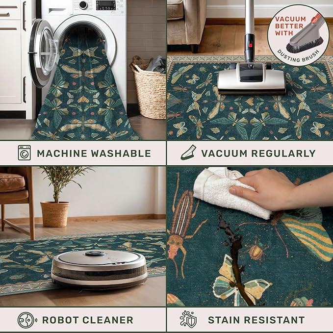 Hazo Haus Insect Blue Green Living Room Rug 5x8 - Washable Area Rug for Bedroom, Dining Room, Kids Playroom, Home Office, Boho Butterfly Non Slip Stan Resistant