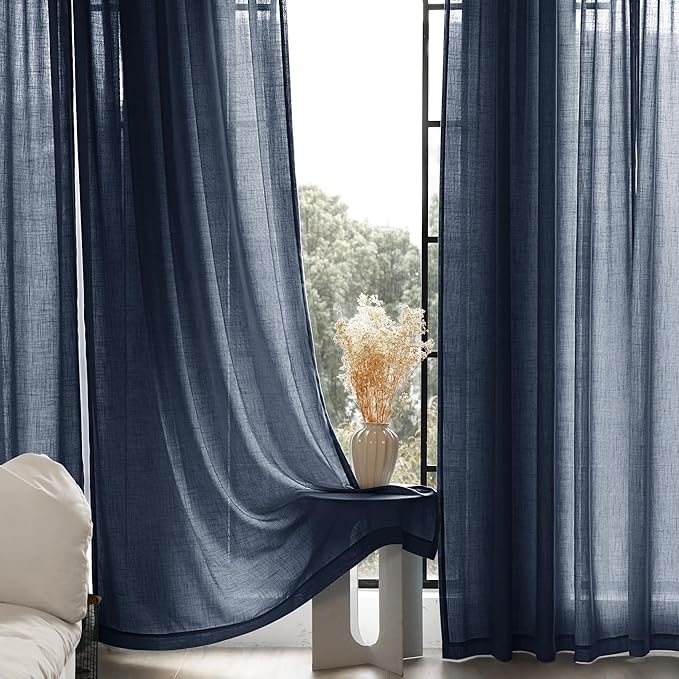 Navy Blue Curtains 96 inch Length for Bedroom Back Tab Light Filtering Semi Sheer Blue Living Room Curtains Linen Cotton Textured Indigo Blue Drapery Panel Modern Farmhouse Aesthetic Decor Dark Blue