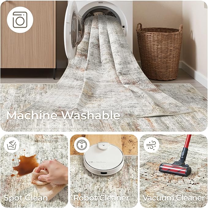 2x5 Rug Runner Washable for Entryway, Soft Bathroom Rugs with Non-Slip Backing, Abstract Low Pile Hallway Runner, Vintage Small Kitchen Carpet for Stair, Laundry Room(2'x5', Grey/Rust)