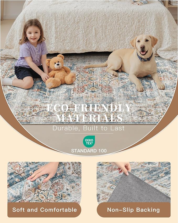 Madane Washable Area Rug 2x3, Small Entryway Rug Non-Slip Vintage Door Mat Indoor Entrance, Low Pile Floor Carpet for Inside Front Door Bedroom Kitchen Entry Laundry (2'x3', Navy)
