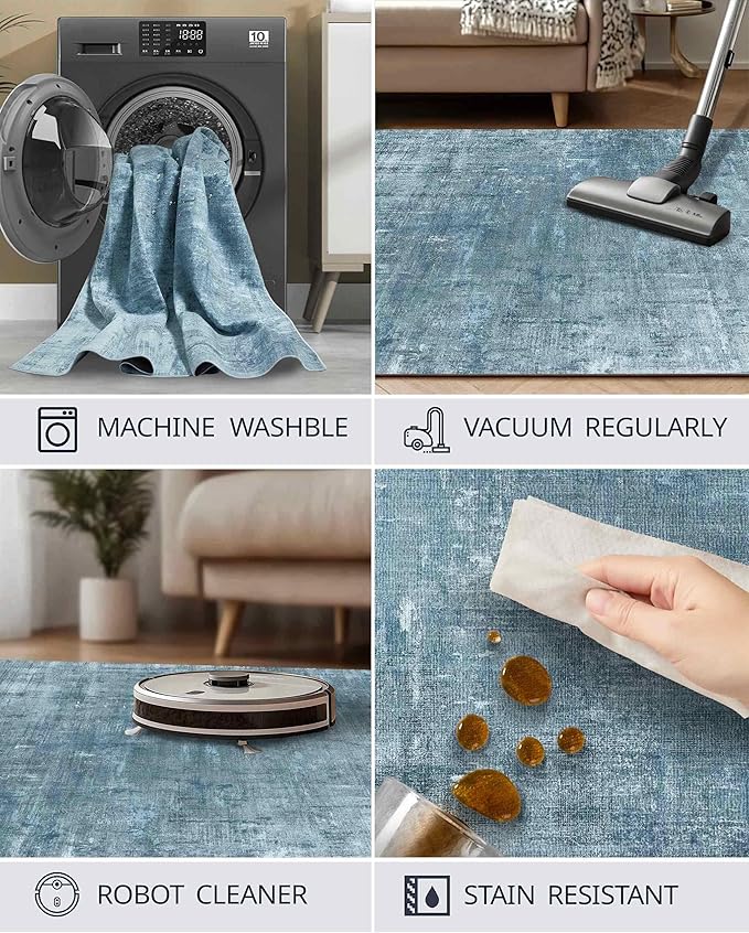 Latte&Fog 2x3 Entryway Rug, Small Modern Abstract Door Mat, Blue Washable Kitchen Rug, Boho Non Slip Low Pile Carpet for Indoor Kitchen, Entry, Front Door and Bathroom