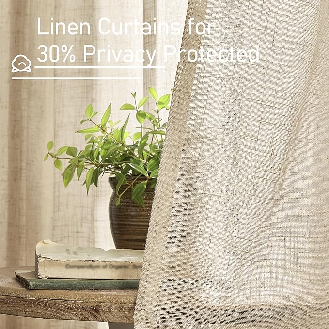 LAMIT Brown Linen Boho Curtains 68 inch Length 2 Panels, Light Filtering Semi Sheer Panels Back Tab and Rod Pocket Neutral Drapes for Bedroom/Living Room, 52 x 68 Inch