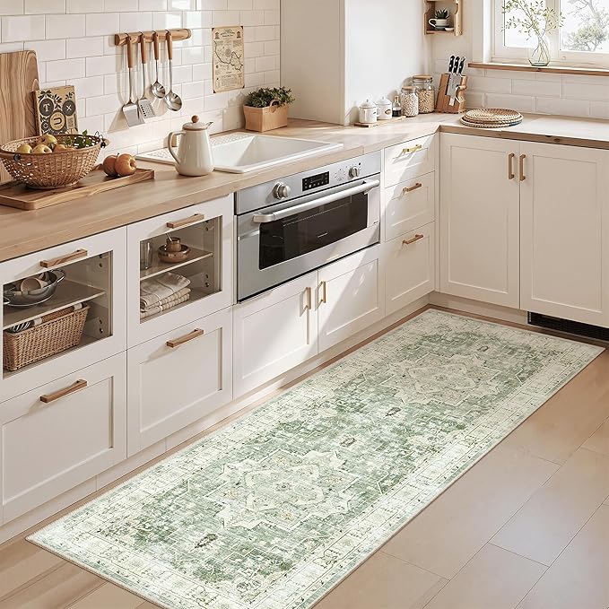 Madane Washable Runner Rug - 2x6 Rug Runners for Hallways 6 Foot Non Slip Vintage Kitchen Runner Rug Ultra-Thin Bathroom Runner Rugs Carpet Laundry Room Bedroom (2x6ft, Green/Ivory)