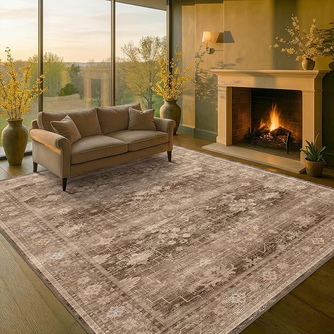 Hazo Haus Boho Taupe Brown Living Room Rug 8x10 - Modern Vintage Traditional Eclectic Oriental Neutral, Washable Low Pile Non-Slip Extra Large Area Rugs for Dining Under Table Bedroom Lounge