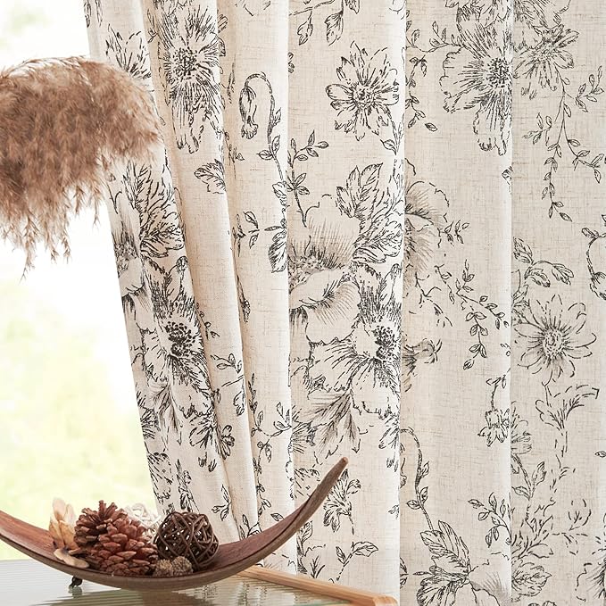 jinchan Linen Floral Curtains 63 Inch Length for Living Room Bedroom Light Filtering Farmhouse Peony Flower Drapes Rustic Window Curtain Set Rod Pocket Back Tab 2 Panels Black