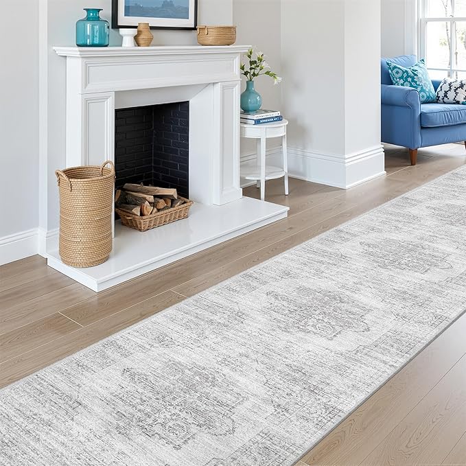 2x10 Runner Rug, Long Hallway Rugs for Dining Room, Living Room, Bedroom, Machine Washable Kitchen Carpet Runner with Rubber Backing, Soft Low Pile Indoor Rug(2'x10', Light Grey/White)