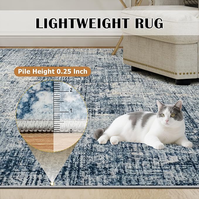 6x9 Area Rugs for Living Room Washable Rug: Anti-Skid Abstract Modern Living Room Rug Soft Thin Carpets Indoor Floor Non-Shedding Carpet for Bedroom Dining Farmhouse Nursery Home Office Blue Gold