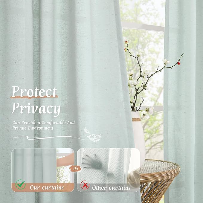 LAMIT 48 Inch Short Window Linen Curtains, Soft Faux Linen Light Filtering Panels Rod Pocket Neutral Drapes for Cafe/Bathroom/Loft Room, Light Blue, 2 Panels, 42 x 48 Inch