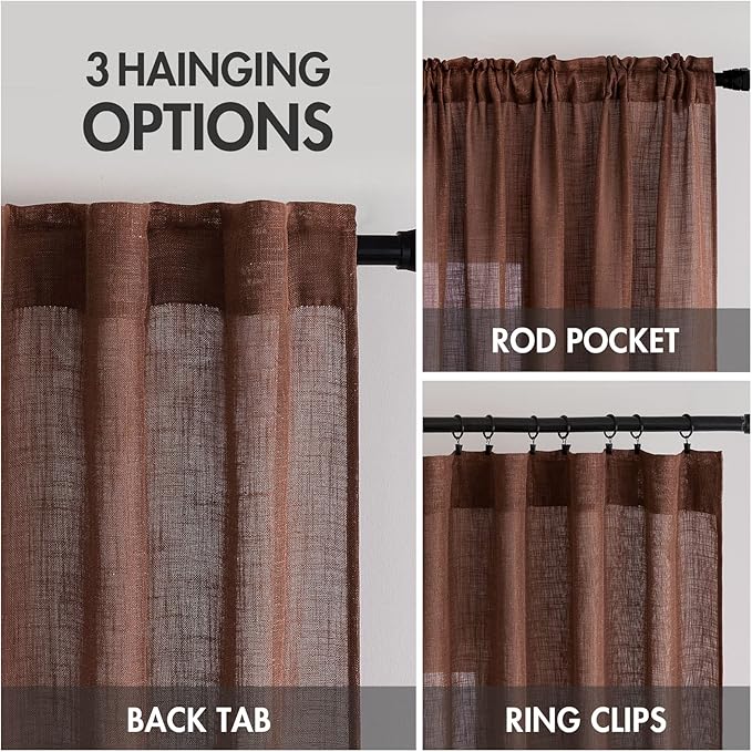 MIULEE Chocolate Brown Linen Curtains 90 Inch Long for Bedroom Living Room, Soft Thick Linen Textured Window Drapes Semi Sheer Light Filtering Back Tab Rod Pocket Burlap Look Decor, 2 Panels