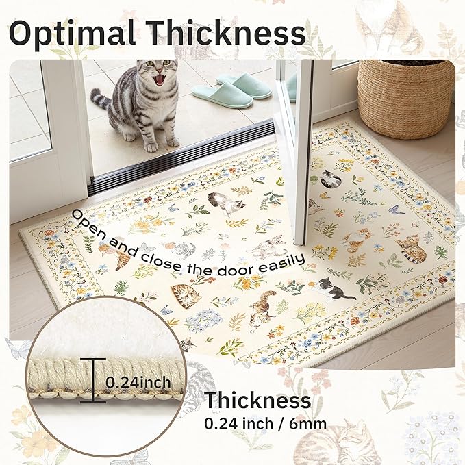 Cat 5x7 Area Rugs for Living Room, Machine Washable Animal Floral Vintage Rug Non-Slip Low Pile Soft Throw Rugs for Kitchen Dining Room Bedroom Nursery Playroom (5 x 7,Beige)