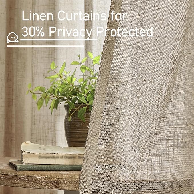 LAMIT Taupe Linen Curtains 24 Inch Length for Cafe, Semi Sheer Light Filtering Panels Back Tab and Rod Pocket Small Window Drapes for Basement, 2 Panels, 34 x 24 Inch