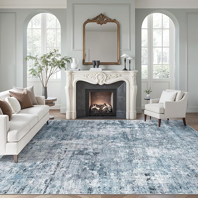 Soalmost Area Rug 10x12 Vintage Washable Living Room Large Carpet Non Slip Bedroom Indoor Office Dining Room Low Pile Thin Rug Blue/Grey