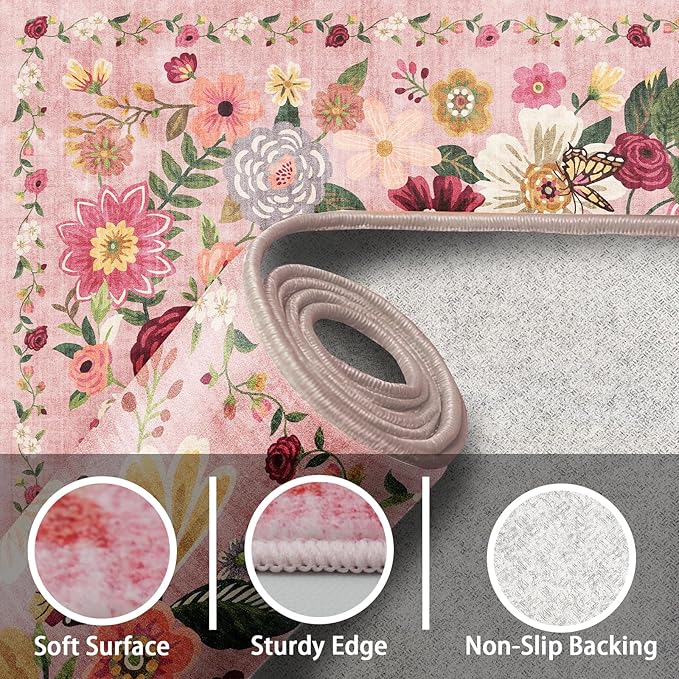 Washable Area Rug 8x10 Pink, Large Soft Rugs for Living Room Floral Carpet 8x10 Area Rugs for Girls Bedroom Nursery Room Non-Slip Stain Resistant Under Table Rug (8 x 10, Pink Garden)